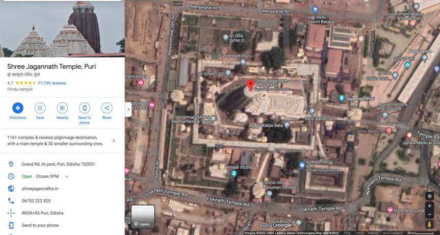 Google Map Location of Jagannath Temple Puri