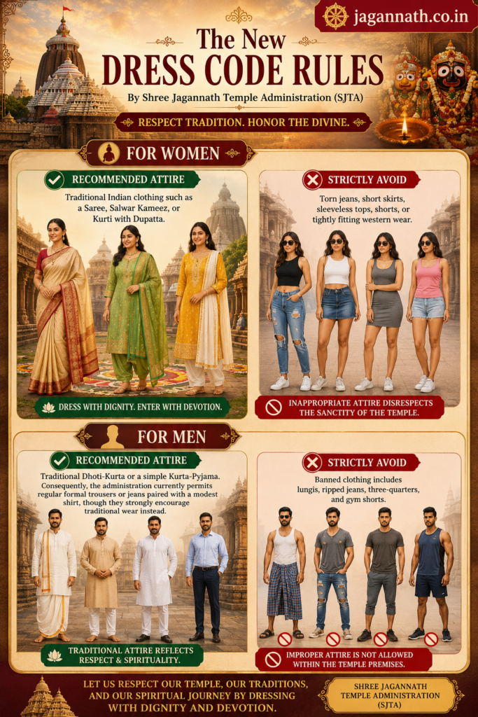 An informational graphic listing the dress code rules and attire guidelines for visitors at the Shree Jagannath Temple in Puri Odisha