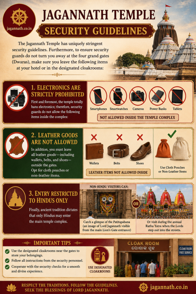 Important security guidelines and safety protocols for visitors at the Shree Jagannath Temple in Puri Odisha